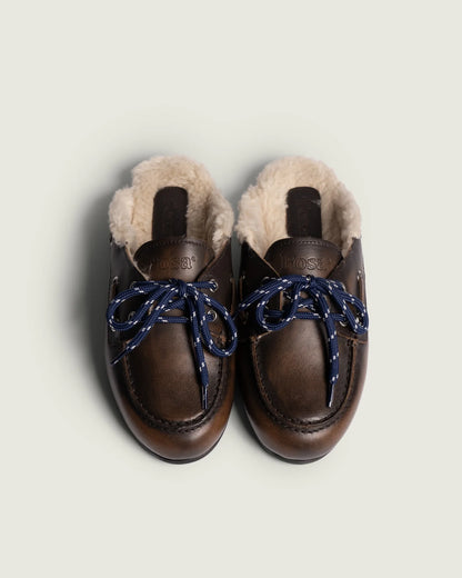 Posa | Boat Loafer Mule Fur - Brushed Leather Coffee
