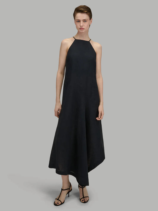 Xacus gwen black linen maxi dress asymmetric hem